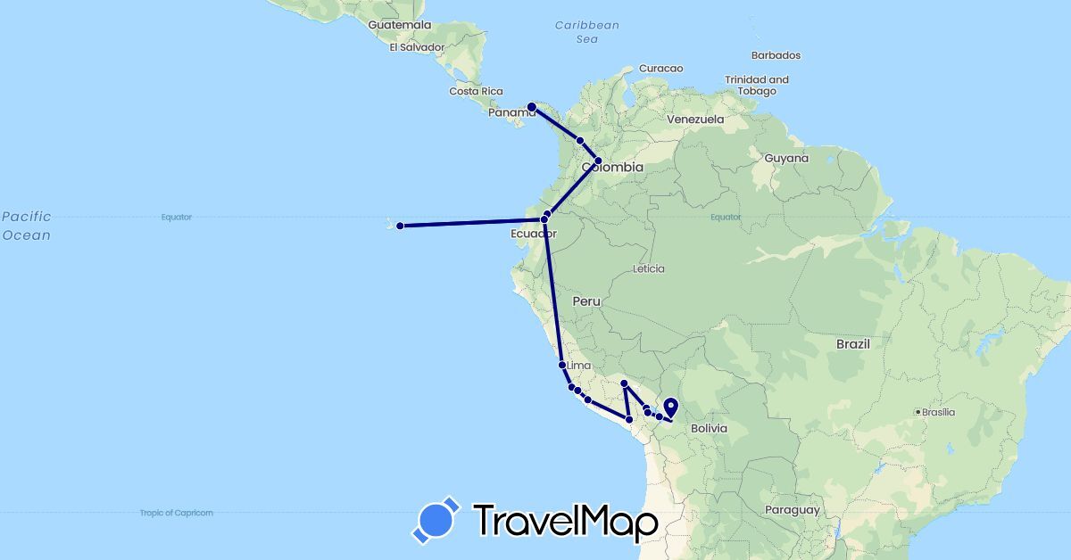 TravelMap itinerary: driving in Bolivia, Colombia, Ecuador, Panama, Peru (North America, South America)